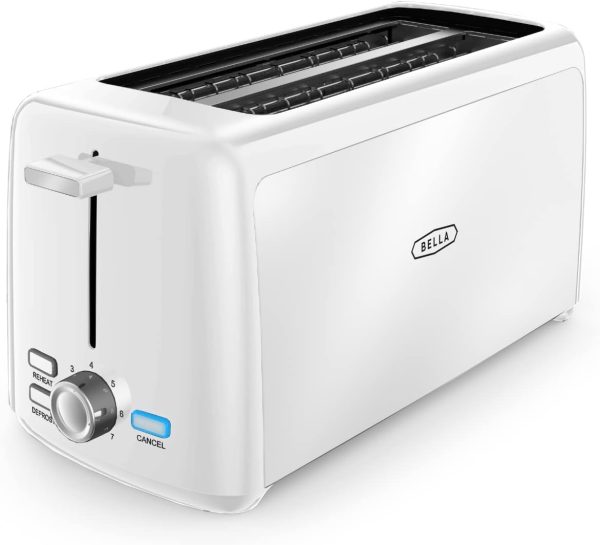 BELLA 4 Slice Toaster, Long Slot   Removable Crumb Tray, 7 Shading Options with Auto Shut Off, Cancel   Reheat Button, Toast Bread   Bagel, White