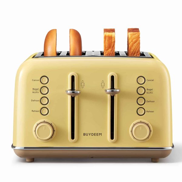BUYDEEM DT640 4-Slice Toaster, Extra Wide Slots, Retro Stainless Steel, 7-Shade Settings (Mellow Yellow)