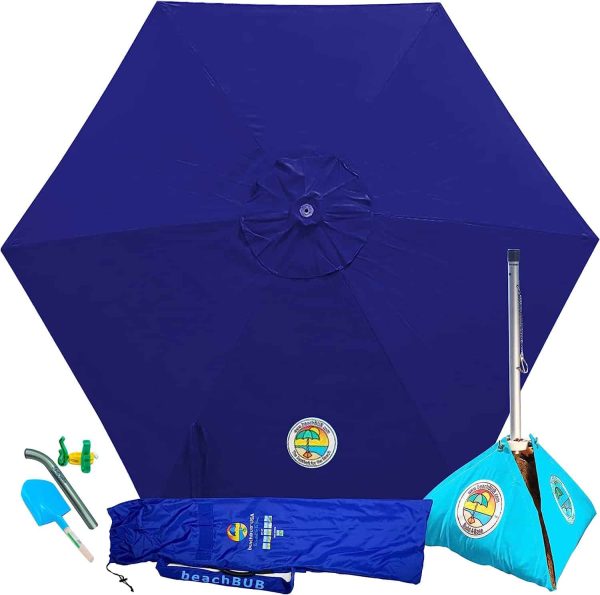 BEACHBUB All-In-One Beach Umbrella System. Includes 7.5 foot (50+ UPF) Umbrella, Oversize Bag, Base   Accessory Kit