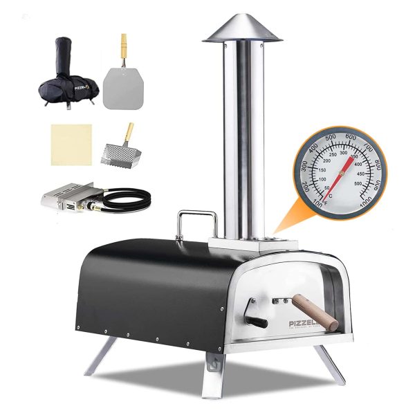 PIZZELLO Outdoor Pizza Oven 12  Propane   Wood Fired Dual Fuel with Gas Burner, Wood Tray, Pizza Stone, Pizza Peel, Carry Bag, Thermometer   Black