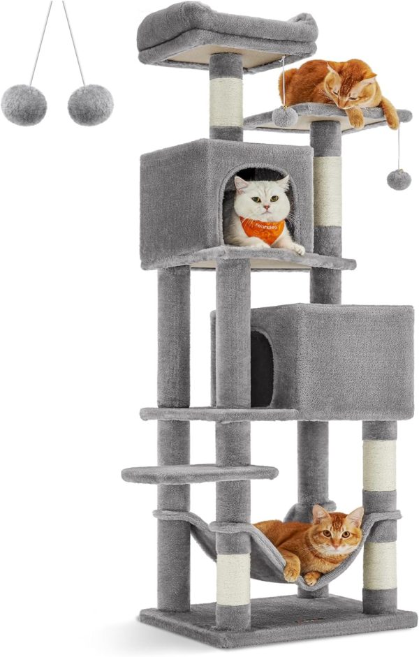 Cat Tree, 61-Inch Cat Tower for Indoor Cats, Plush Multi-Level Cat Condo with 5 Scratching Posts, 2 Perches, 2 Caves, Hammock, 2 Pompoms, Light Gray UPCT192W01