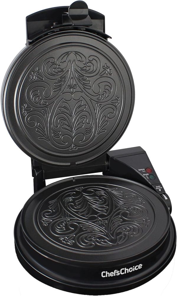 Chef sChoice KrumKake Maker Features Nonstick Surface and  Heat Recovery with Temperature Control and Ready Light, Includes Roller, 1050-Watts, Silver