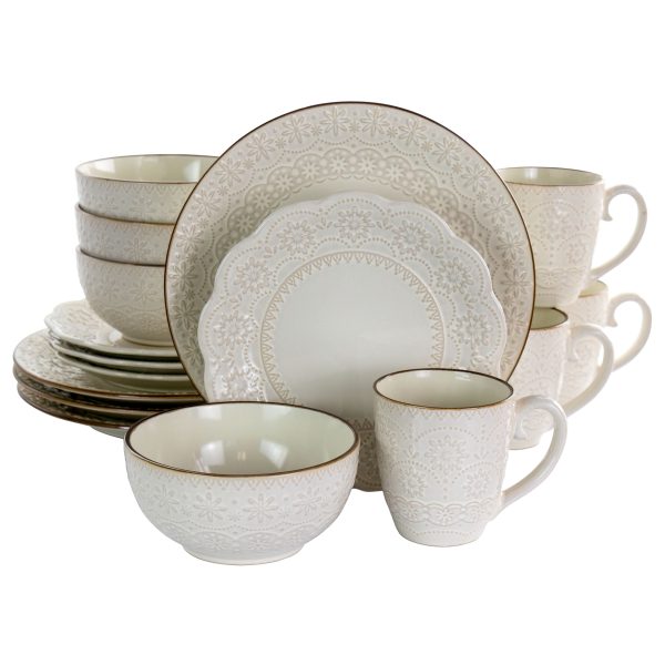 Contessa 16 Piece Embossed Scalloped Stoneware Dinnerware Set in Ivory