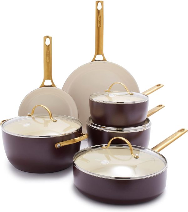 Reserve Hard Anodized Healthy Ceramic Nonstick 10 Piece Cookware Pots and Pans Set, Gold Handle, PFAS-Free, Dishwasher Safe, Oven Safe, Merlot Purple