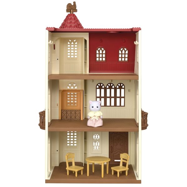 Red Roof Tower Home, 3 Story Dollhouse Playset with Figure, Furniture and Accessories