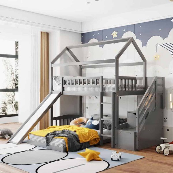 Bright Designs  Gray Twin Over Twin Wood House Bunk Bed with 2-Drawers, Stairs and Slide