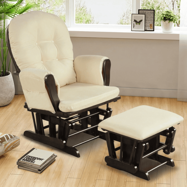 Glider and Ottoman Cushion Set Wood Baby Nursery Rocking Chair Beige