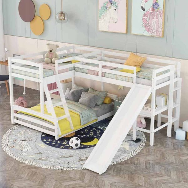 Bright Designs  L-Shaped White Twin Over Full Triple Bunk Bed with Ladder, Slide and Desk